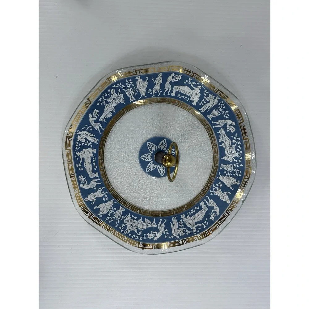 Vintage Jeanette Glass‎ Wedgwood Blue Hellenic Greek Fruit Wedge Serving Dish
